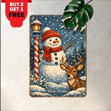 Snowman And Reindeer Winter Holiday Sign Carved Foil Metal Wall Decor 8x12 picture