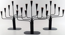3 large seven armed Swedish design candlesticks in metal with brass top picture