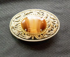 Vtg Western Gold Toned Belt Buckle Polished Agate Southwestern Rodeo picture