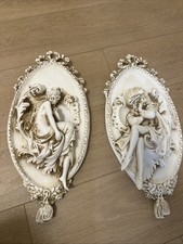 Vintage Chalkware Wall Plaques Pair Neoclassical High Relief Courting Couple 3D picture