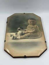 Antique Baby Portrait Hand Colored With Dog Octagonal Frame Metal Clips picture