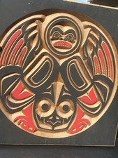 LG. 18 X 18” NORTHWEST COAST CLASSIC DESIGN, CARVED BEAR EFFIGY PLAQUE, picture