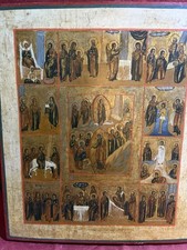 Antique Russian Icon 18-19C The Resurrection & Twelve Great Feasts Large 24”-22” picture