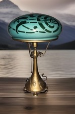 Pairpoint Art Deco 22” Mushroom Lamp With Green Glass Shade picture