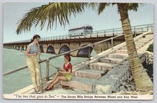 Vintage Florida Keys Seven Mile Bridge Bus to Sea Fishing Linen Postcard 1950s picture