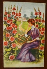 Woman In Midwestern Flower Field Embossed Art Vintage Postcard picture