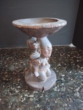YORUBA PEOPLE CARVED WOOD STATUE  FEMALE FIGURE Divination OFFERING BOWL & BABY picture