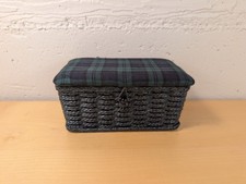 Vtg 1970s Woven Cord Sewing Basket Padded Green Tartan Plaid Lid Craft Box picture