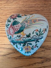 Vintage Hand-Painted Ceramic Heart-Shaped Trinket Box w/Lid – Peacock – Portugal picture