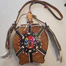 Vintage Hungarian Leather Flask Kulacs Folk Art Handcrafted Bottle Embroidered picture