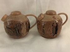 Vintage Handcrafted Wood Tree Bark Salt & Pepper Set Coffee Pot Japan picture
