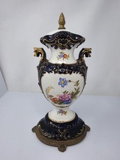 Cobalt Blue Porcelain Floral Urn Lamp Base Griffin Dragon Handles Gold 14 picture