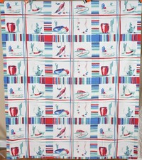 Large Vibrant Vintage 1940s Printed Antique Western Tablecloth ~Great Colors picture