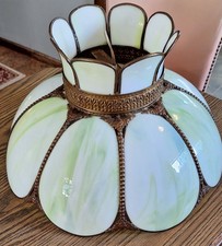 VTG LG Bent Green Slag Glass Hanging Light Tulip Shaped Shade 18.5 x 8.25 LOCAL picture
