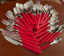 Setting For 8 MCM  1930s Cherry Red Bakelite Handle Stainless China. Great Cond picture
