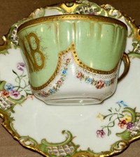 1890 William Lycett GA Handpainted Porcelain Tea cup & Saucers Gilded Monogram picture