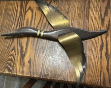Vintage MCM Teak & Brass Flying Geese Ducks Mallard Wall Decor Masketeers picture