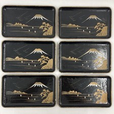 Occupied Japan 1945-1951 Mount Fuji Scenic Black Lacquer Set Of 6 Trays  picture
