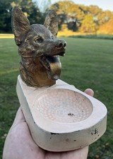 Vintage 1930s-40s Scary German Shepherd Dog Metal Ashtray picture
