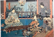 Two Antique Japanese Woodblock Prints by Kunisada Seven Autumn Flowers c.1850 picture