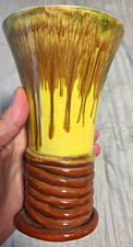 VINTAGE MCM: Yellow & Brown Drip Glaze Ceramic Vase, Flared Top, Ribbed Base picture