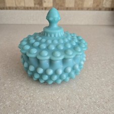 Rare Vintage 1950's Fenton Blue Turquoise Hobnail Lidded Powder Jar Candy Dish picture