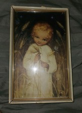 Vintage Framed Art Print Child in Wheat Field Mid Century Wall DecorFarm Kid picture