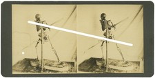 Antique Stereoview Stereoscope Card -Mechanical Skeleton swinging Baseball Bat picture