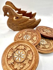 VTG Mid Century HandCarved Teak Wood Swan Holder/4 Coaster Set Inlayed Starburst picture