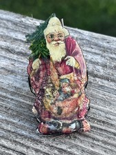 ORIGINAL 1890s FIGURAL TIN CHRISTMAS TREE CANDLE CLIP ORNAMENT SANTA picture