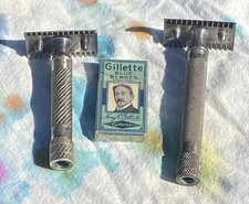 Vintage Antique Gillette 3 Piece BIG FELLOW & BULLDOG +5 Blue Blade Blades picture