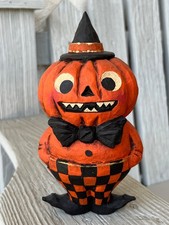 Vintage Halloween 2003 Hand Carved Wooden Jack O'lantern Figurine Greg Gudel picture