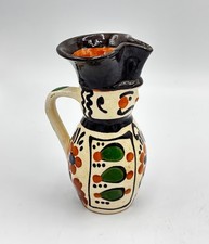 Hungarian Pitcher Folk Art Pottery Soldier Face Snake Flowers Handpainted 5” picture