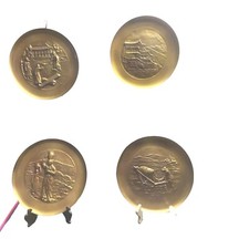 4 pc Vintage Korea Brass Wall Plate With Farmer And Ox Plowing, Plaque W/Village picture