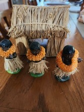 3 Vintage Hawaiian Hula Figurines + Grass Hut picture