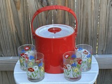 Vintage Georges Briard MCM Red Vinyl Ice Bucket Set w/4 Signed Rocks Glasses NOS picture