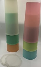 Vtg Tupperware 107 Pastel Tumblers 16 oz Set of 6 Stackable with 2 Lids picture