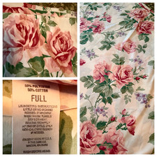 VTG THE BIBB CO WHITE W/ PINK ROSES COTTON BLEND FLAT SHEET SZ~ FULL picture