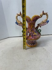 Vintage Italian Maiolica Urbino Style Vase Grotesque Dragon Handles Hand Painted picture