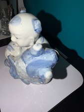 Vintage Blue Asian Chinese Boy Koi Fish Ceramic Porcelain Statue  picture