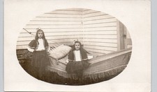 GIRLS IN HAMMOCK c1910 postcard real photo rppc ethnic costume family home picture