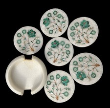 VTG 6pc Malachite Inlay Marble Tea Round Coasters Floral Emerald Green w/Holder picture
