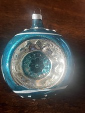 Vintage Triple Indent Glass Christmas Ornament Silver & Blue West Germany 3” picture