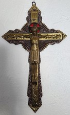 Lovely Vintage Ornate Brass Red Copper Enamel Wall Hanging Crucifix French   picture