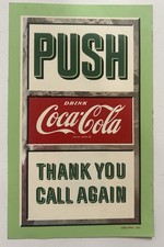 Vintage 1960’s Original Coca-Cola Door Push Decal w Pull & Glass on Reverse NOS picture