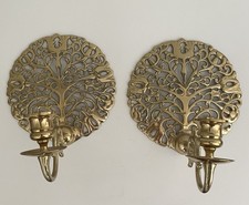 Vintage Pair Brass Tulip Tree of Life Medallion Candle Holders Wall Sconces picture