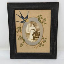 ANTIQUE FRAMED PHOTO VICTORIAN WOMAN HAND EMBROIDERED FLORAL & SWALLOW LINEN MAT picture