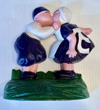 Vintage Dutch Couple Kissing Cast Iron Doorstop Hand Painted 8.5” Tall 5 Lbs picture