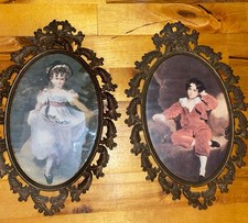 Vintage Italian Brass Oval Picture Frames Pair FR2 B1S Ornate Boy Girl Prints picture
