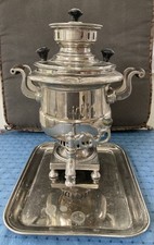 Tula,Russia Nickel Plated Samovar & Tray, Exposition Stamps:1897,1898,1899,1900 picture